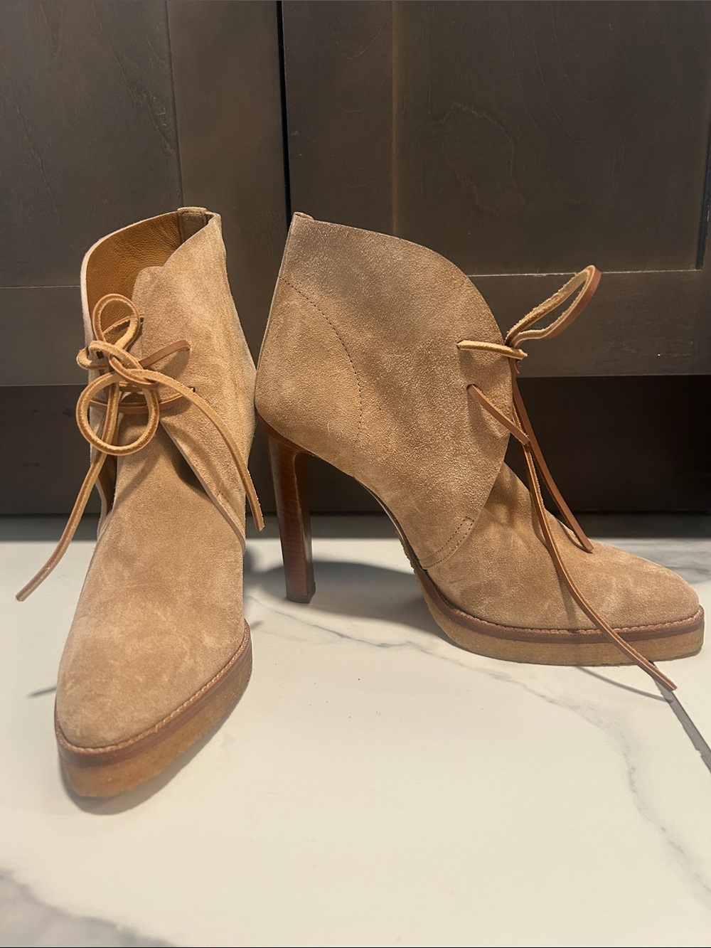 Ralph Lauren Camel Suede Lace-Up Ankle Booties